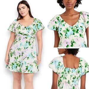Old Navy V Neck Floral Mini Swing Dress Cotton Smocked Puff Babydoll Size XXL